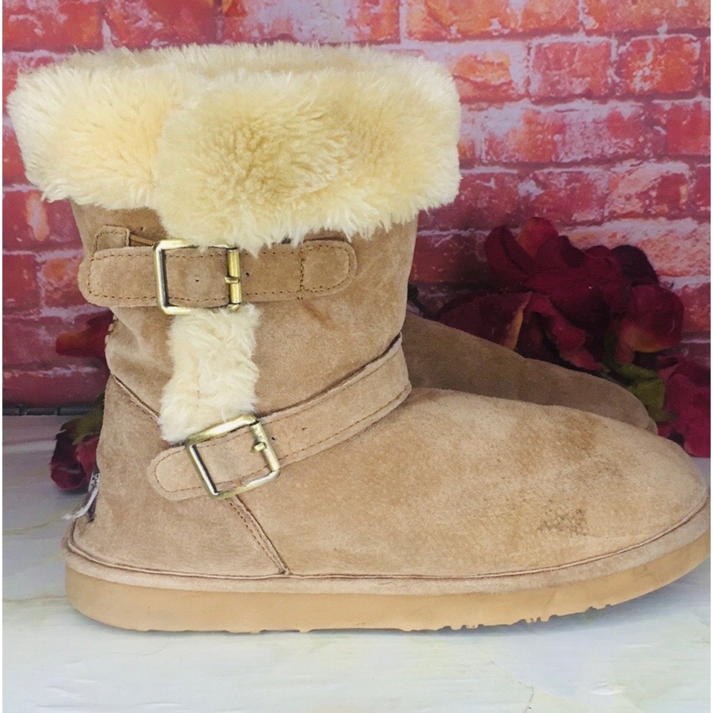 Lamo Tan Suede Water Resistant Shearling Double Buckle Boots